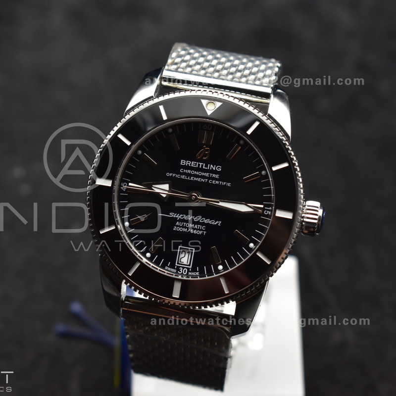 Super Ocean Heritage II BLSF 42mm SS Black Dial Black Ceramic Bezel on SS Mesh Bracelet A2824